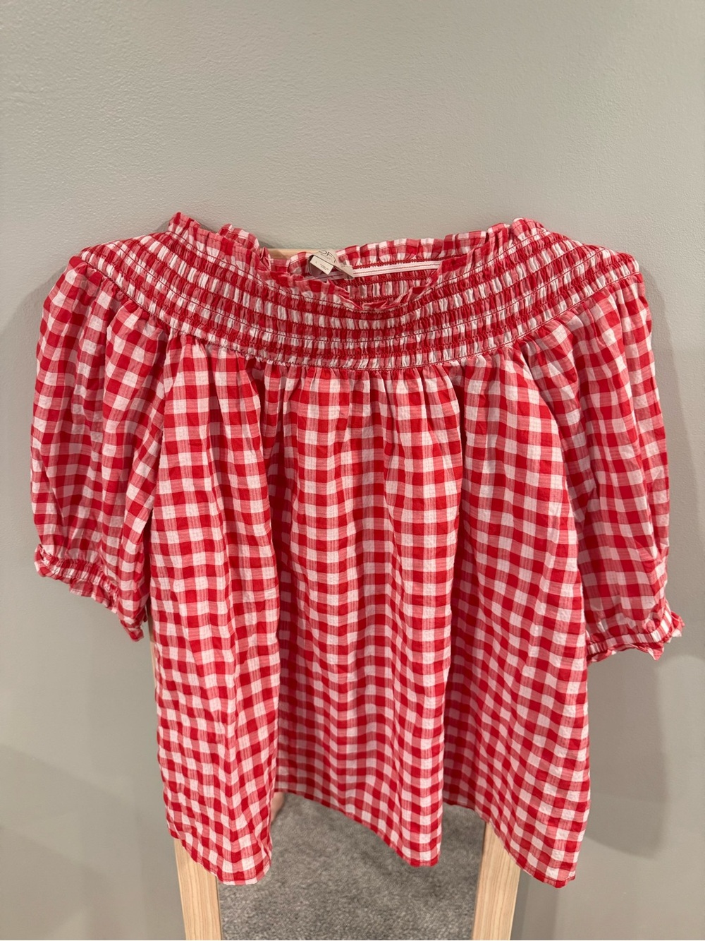 LOFT Red and White Gingham Smocked Top